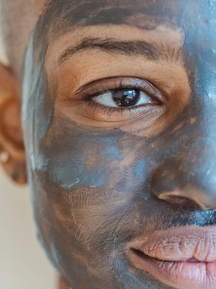 Close-up of a person wearing a dark facial mask that covers parts of their face.