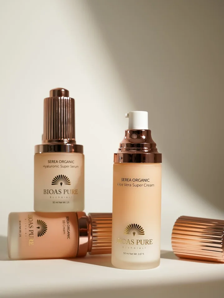 Set of glycolic acid skincare bottles with dropper and pump on a neutral, well-lit background.