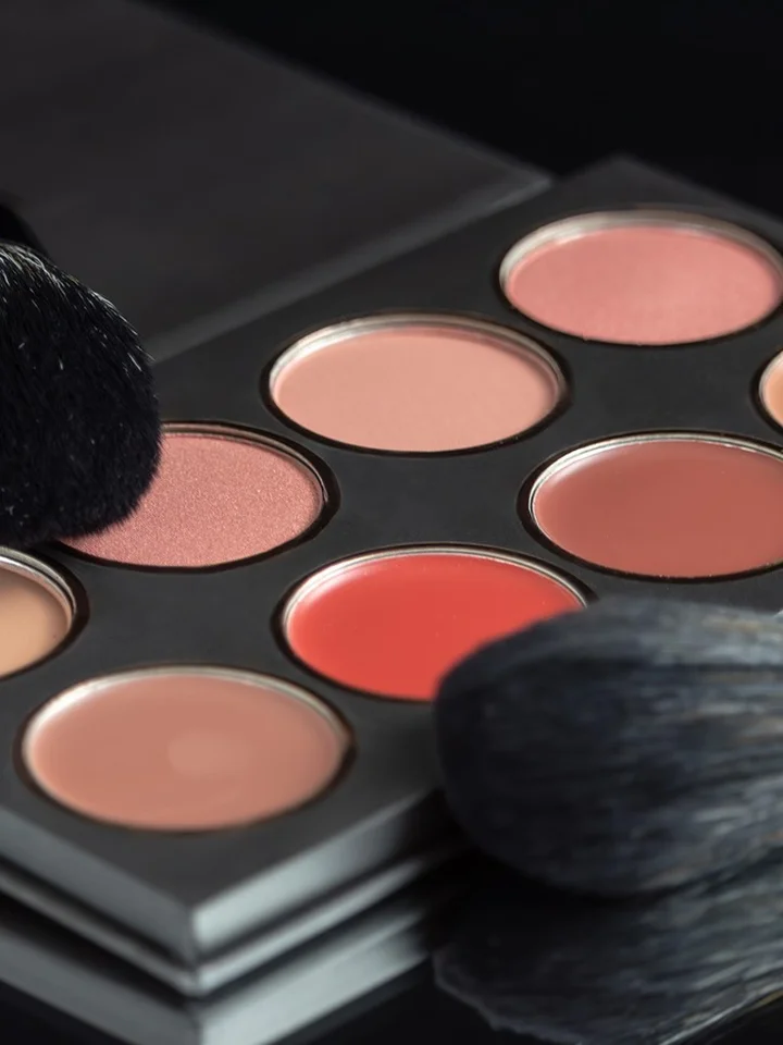 Close-up of a makeup palette with several circular pans in warm tones and two makeup brushes resting on the edges.
