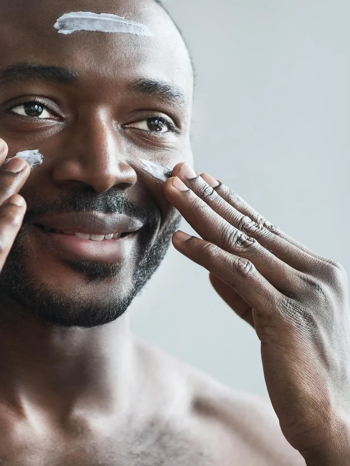 Close-up of a man applying white facial cream to his nose and cheeks.