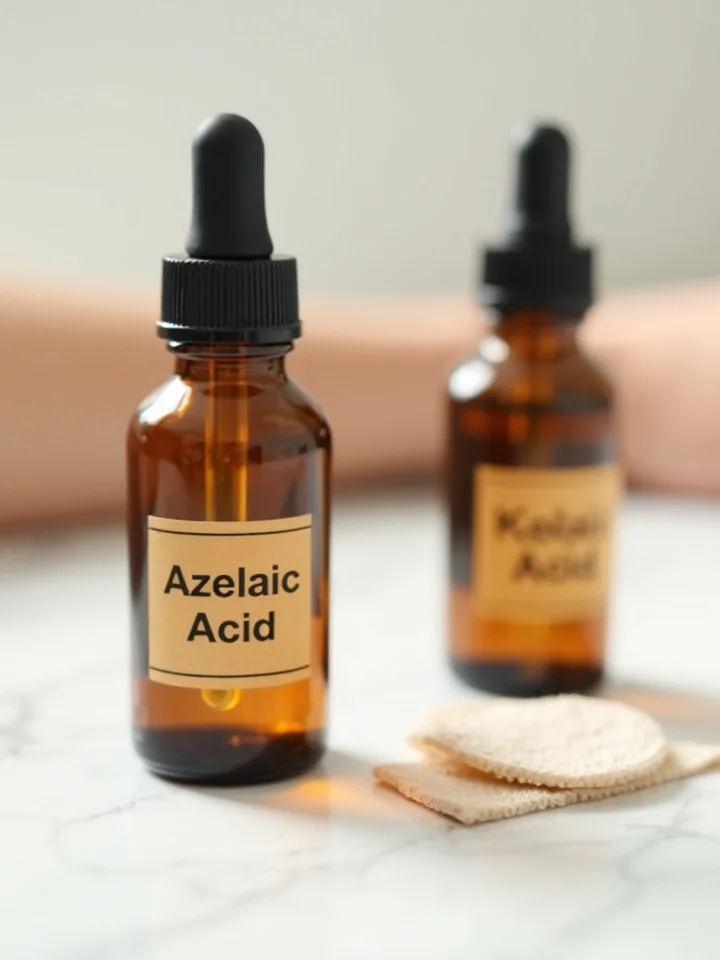 Two amber dropper bottles labeled Azelaic Acid and Kojic Acid on a marble surface with cotton pads nearby.