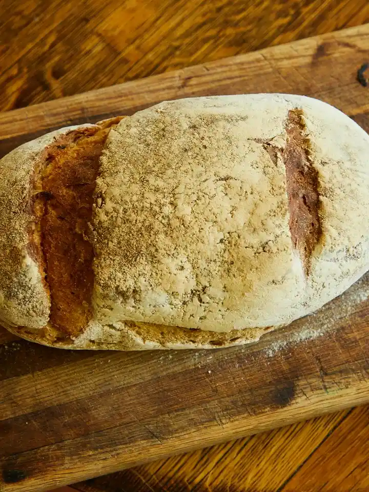Rustic loaf of bread dusted with flour on a wooden cutting board, representing fermentation concepts.