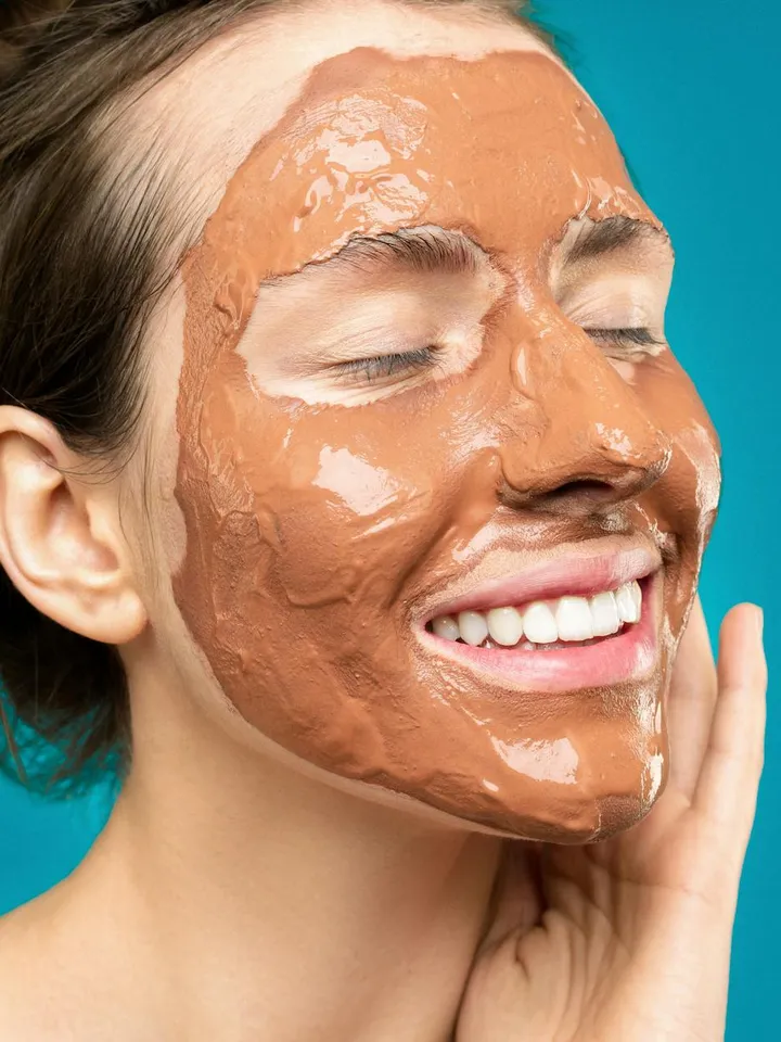 Woman with a brown facial mask, eyes closed, smiling.