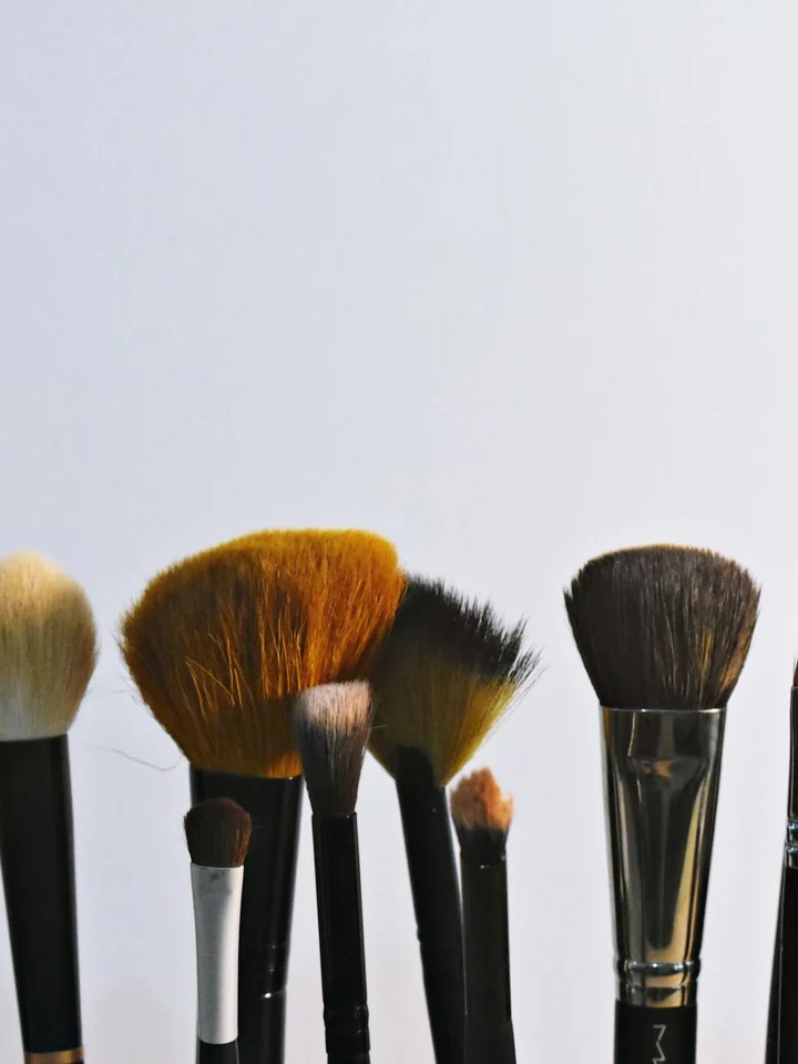 Assorted makeup brushes with fluffy bristles arranged on a white background.