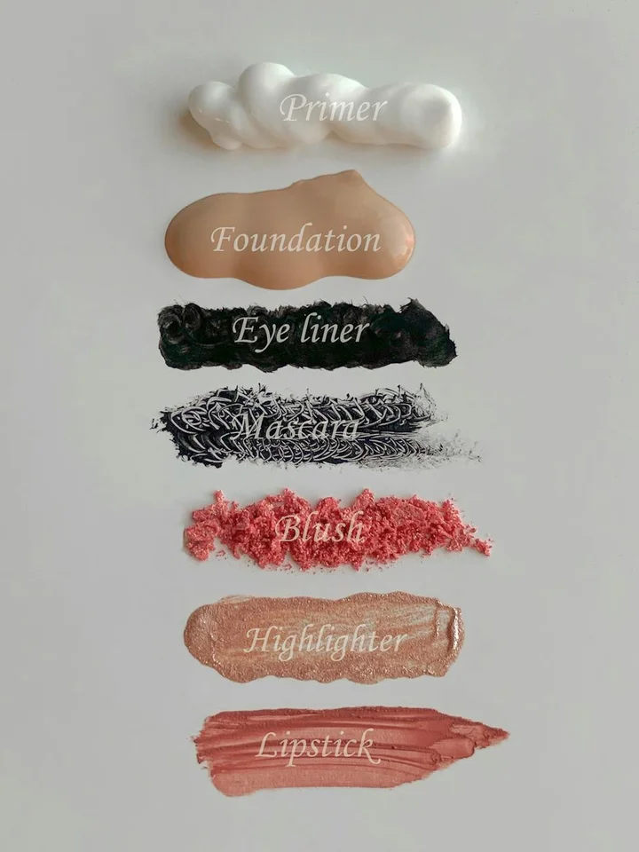 Vertical arrangement of makeup swatches labeled Primer, Foundation, Eye liner, Mascara, Blush, Highlighter, and Lipstick used to compare finishes for acne-prone skin.