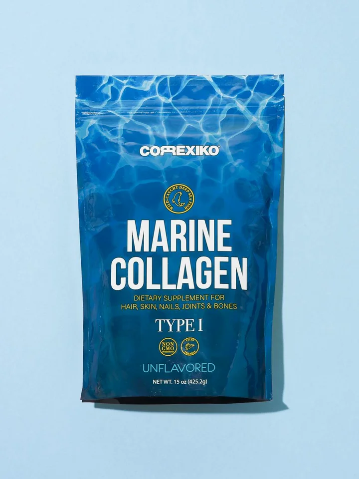 Blue pouch labeled 'Marine Collagen' on a light blue background, indicating Type I and Unflavored.