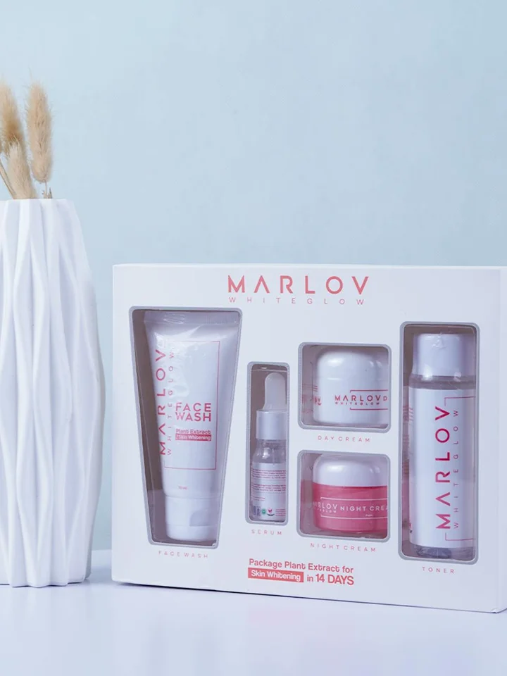 MARLOV skincare set in a white box on a pale blue background with a brush on the left