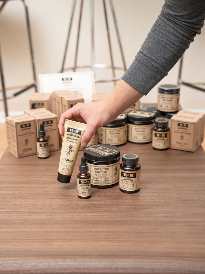 Close-up of a hand reaching for a tube among various skincare products arranged on a wooden table.